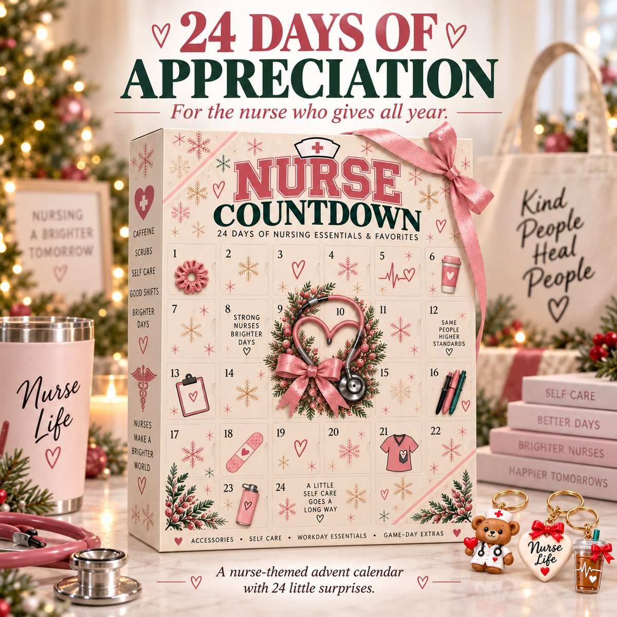 🎄 24-Day Nurse Appreciation Advent Calendar – 24 Nurse-Themed Keychains