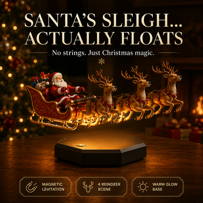 🎅 Floating Santa Sleigh with 4 Reindeer – Magnetic Christmas Centerpiece