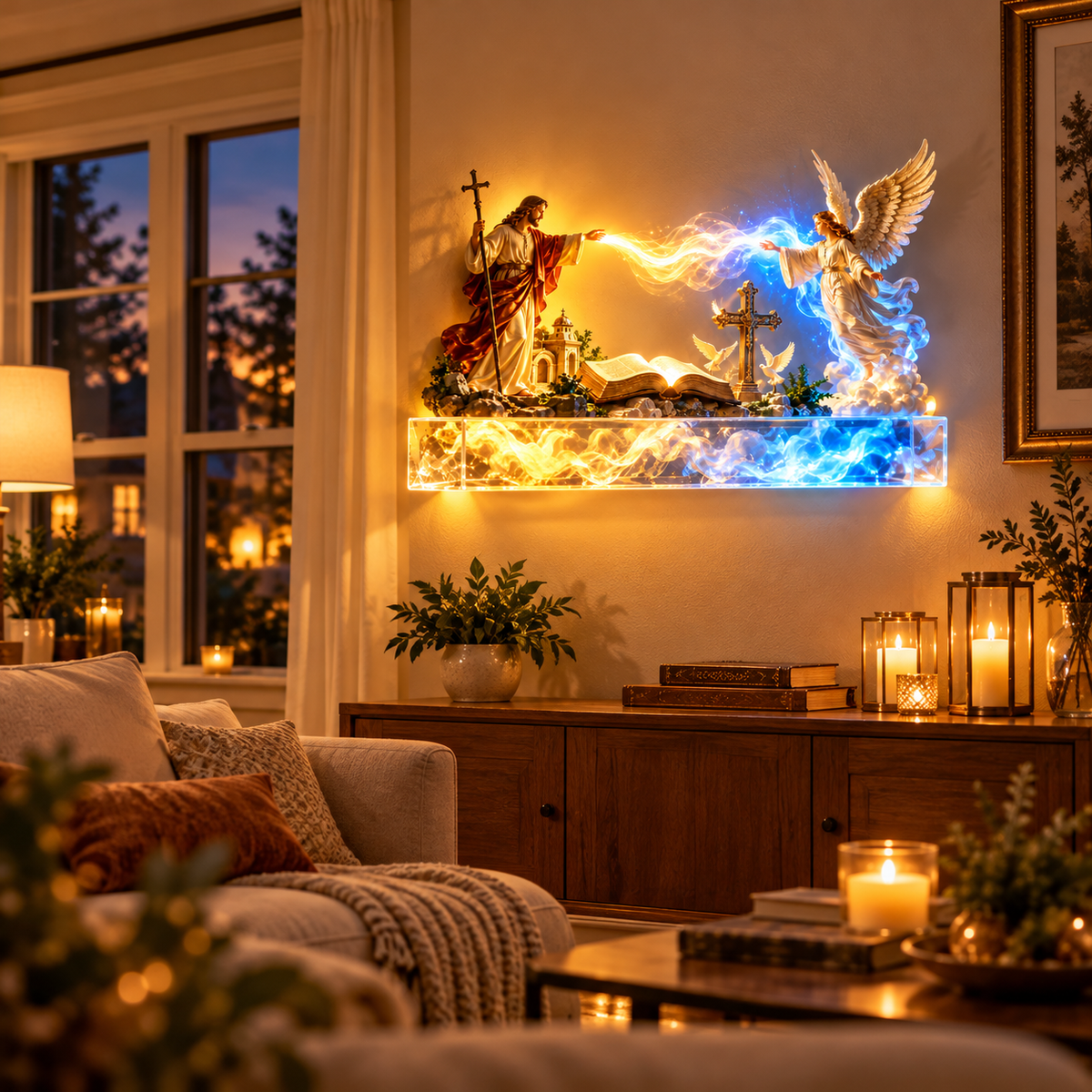 Divine Light of Faith illuminated Christian wall art displayed in a warm living room