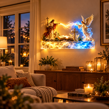 ✝️✨ Divine Light of Faith – 3D Illuminated Jesus & Angel Wall Art with Cross | Christian Home Decor ❤️