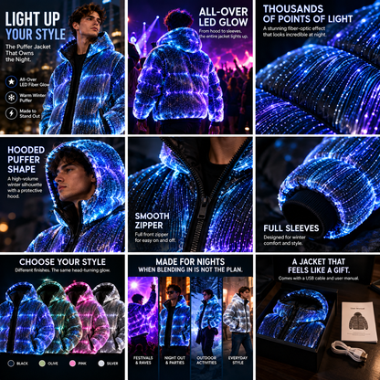 ⚡🌌LED Light-Up Puffer Jacket – All-Over Fiber Optic Glow, Hooded Winter Coat for Festivals & Nightlife ✨