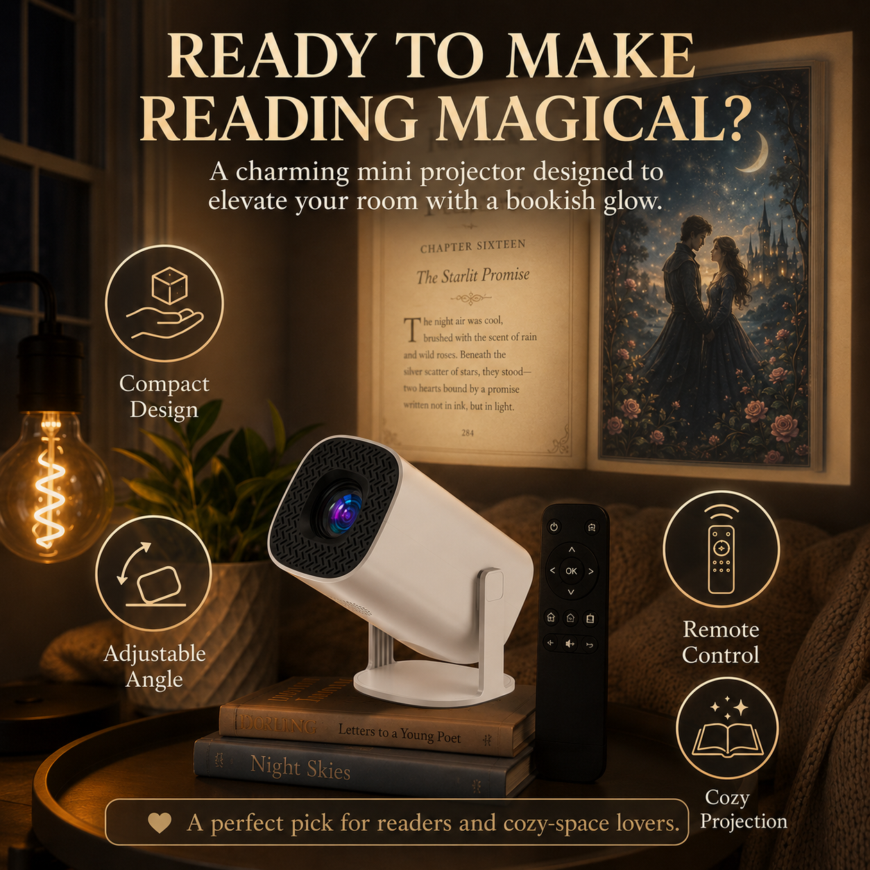 Compact storybook mini projector with remote control and adjustable angle