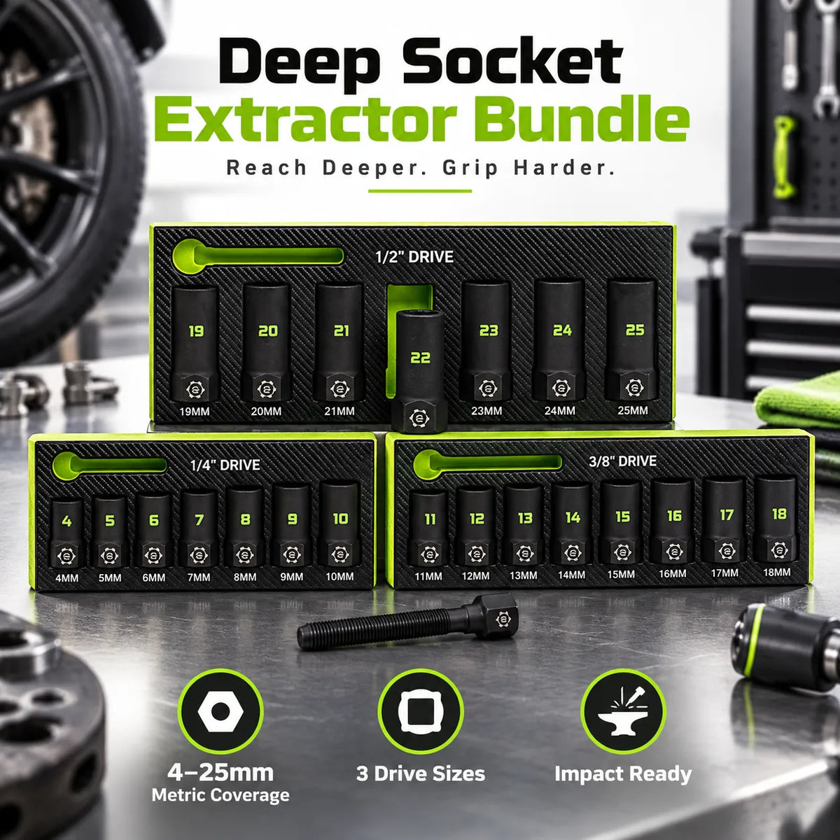 🔩 26-Pc Deep Socket Extractor Bundle — 4–25mm Metric, 1/4', 3/8' & 1/2' Drive