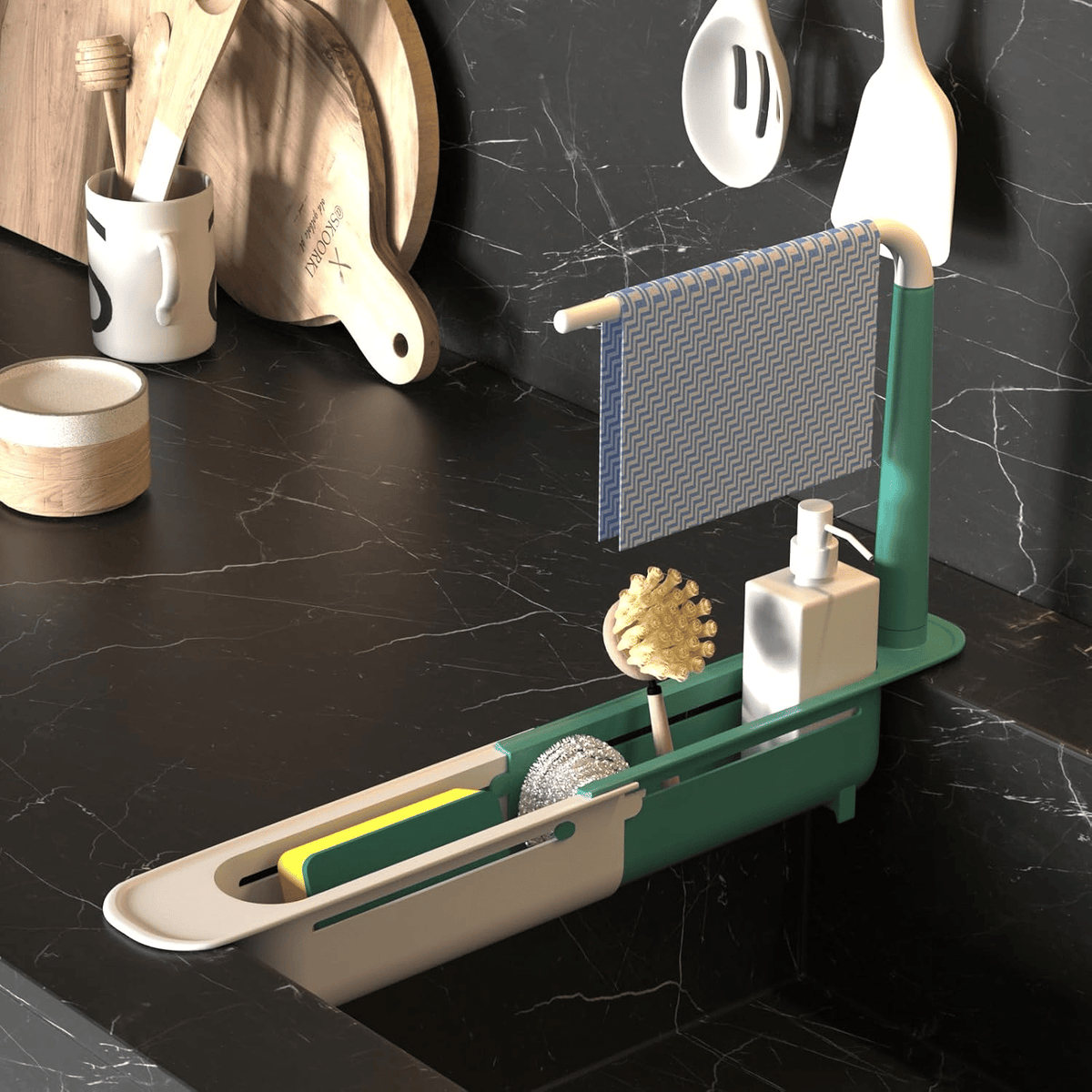 🧽 Telescopic Sink Storage Rack – Adjustable Draining Organizer with Towel Bar