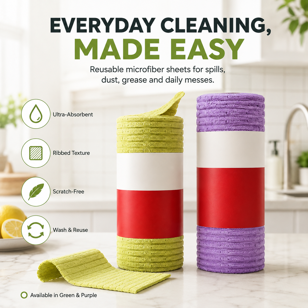Green and purple reusable tear off microfiber cleaning cloth rolls