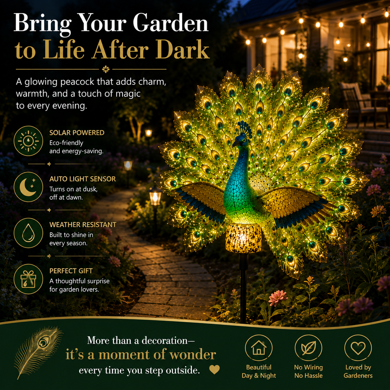 🦚 Solar Peacock Garden Light — Decorative Day & Night Garden Art