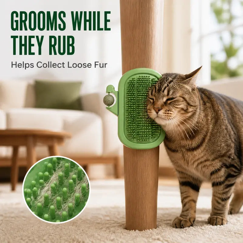 Cat grooming itself while loose fur collects on the brush