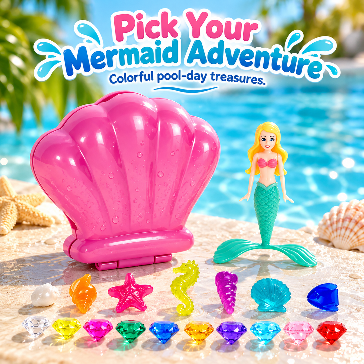 Pink shell mermaid pool toy with colorful decorative pieces