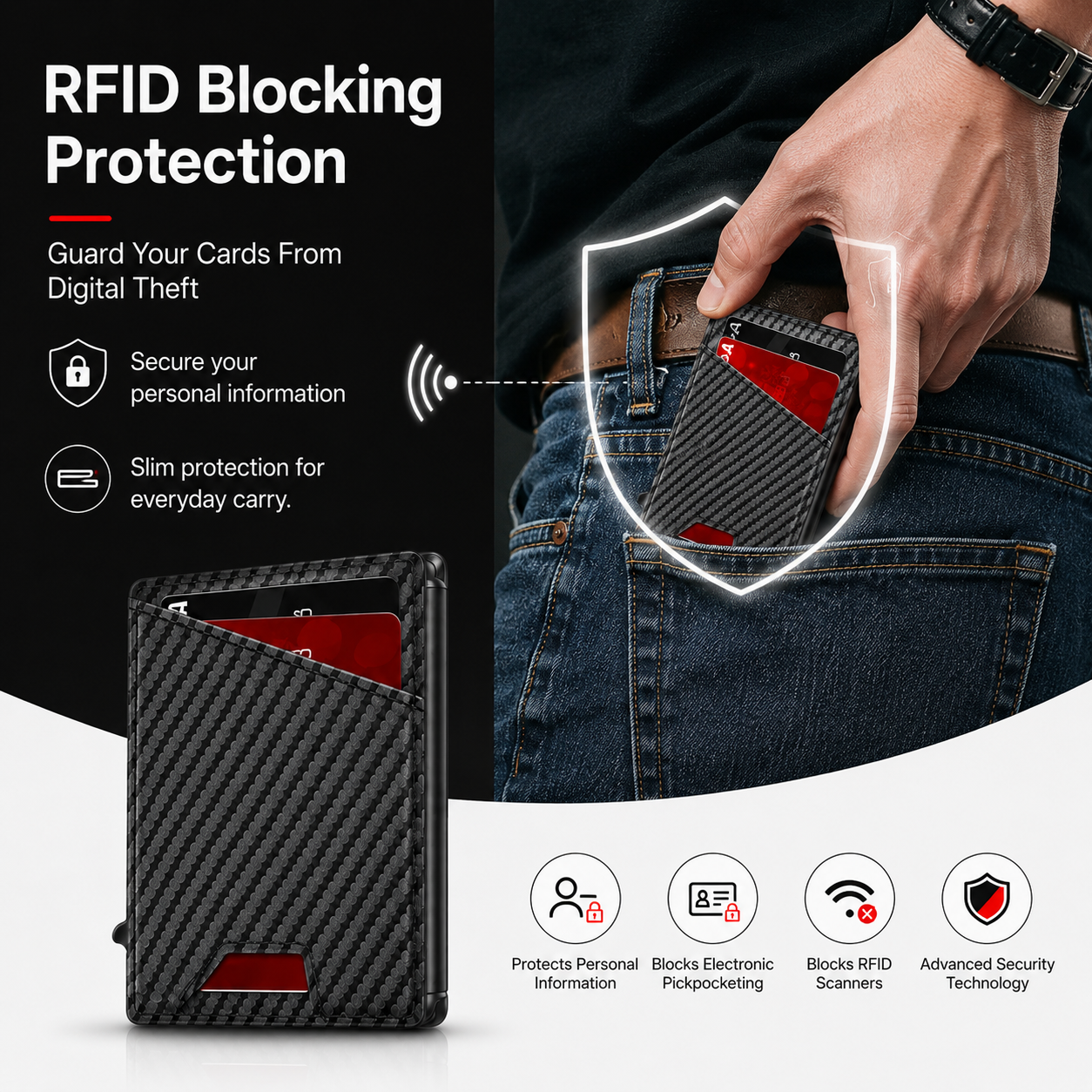 💳 Men's RFID Minimalist Bifold Wallet | Pop-Up Card Holder with ID Window & Money Clip | Gift Box Include