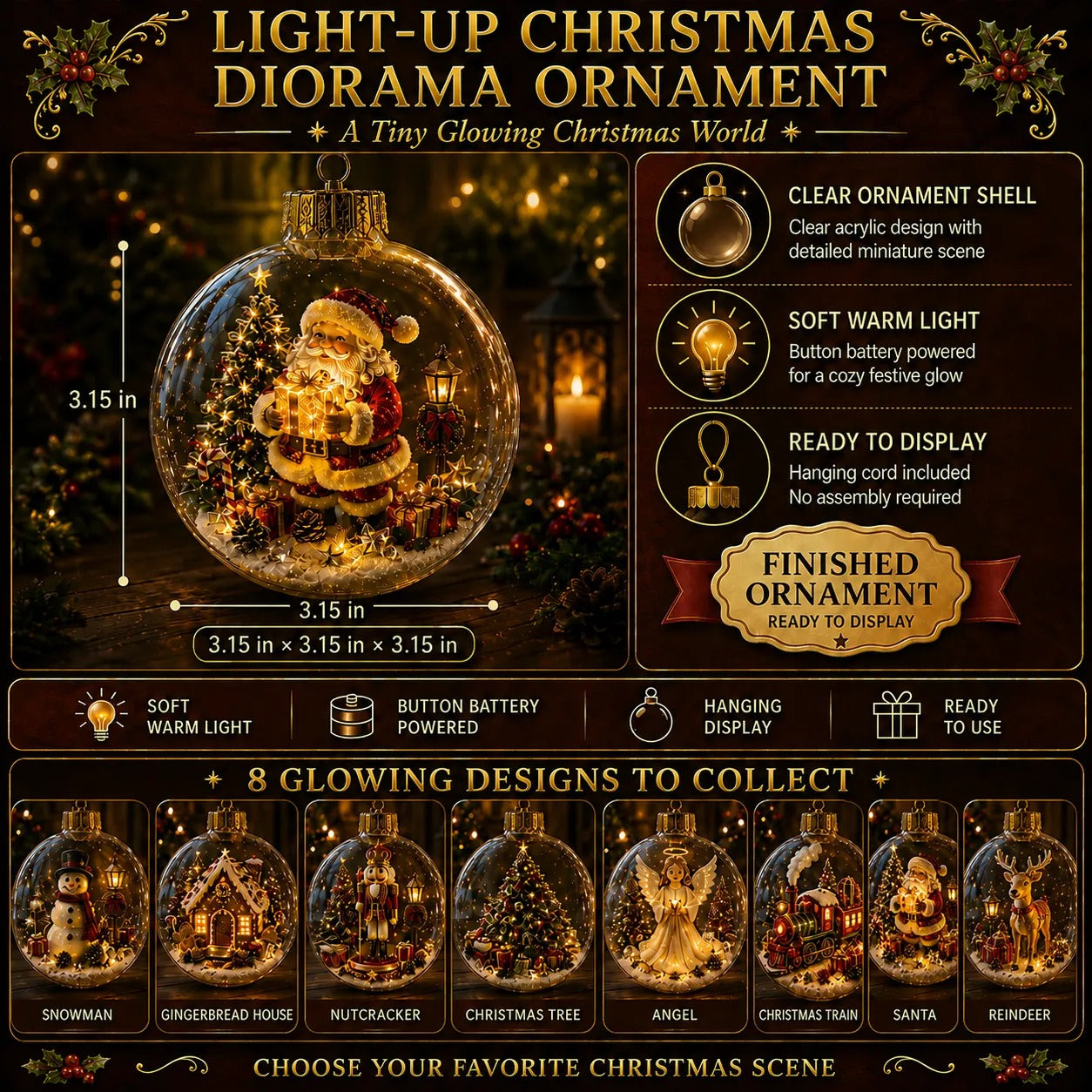 🎄 Light-Up 3D Christmas Ornaments – Battery Operated Warm White LED Scene Baubles