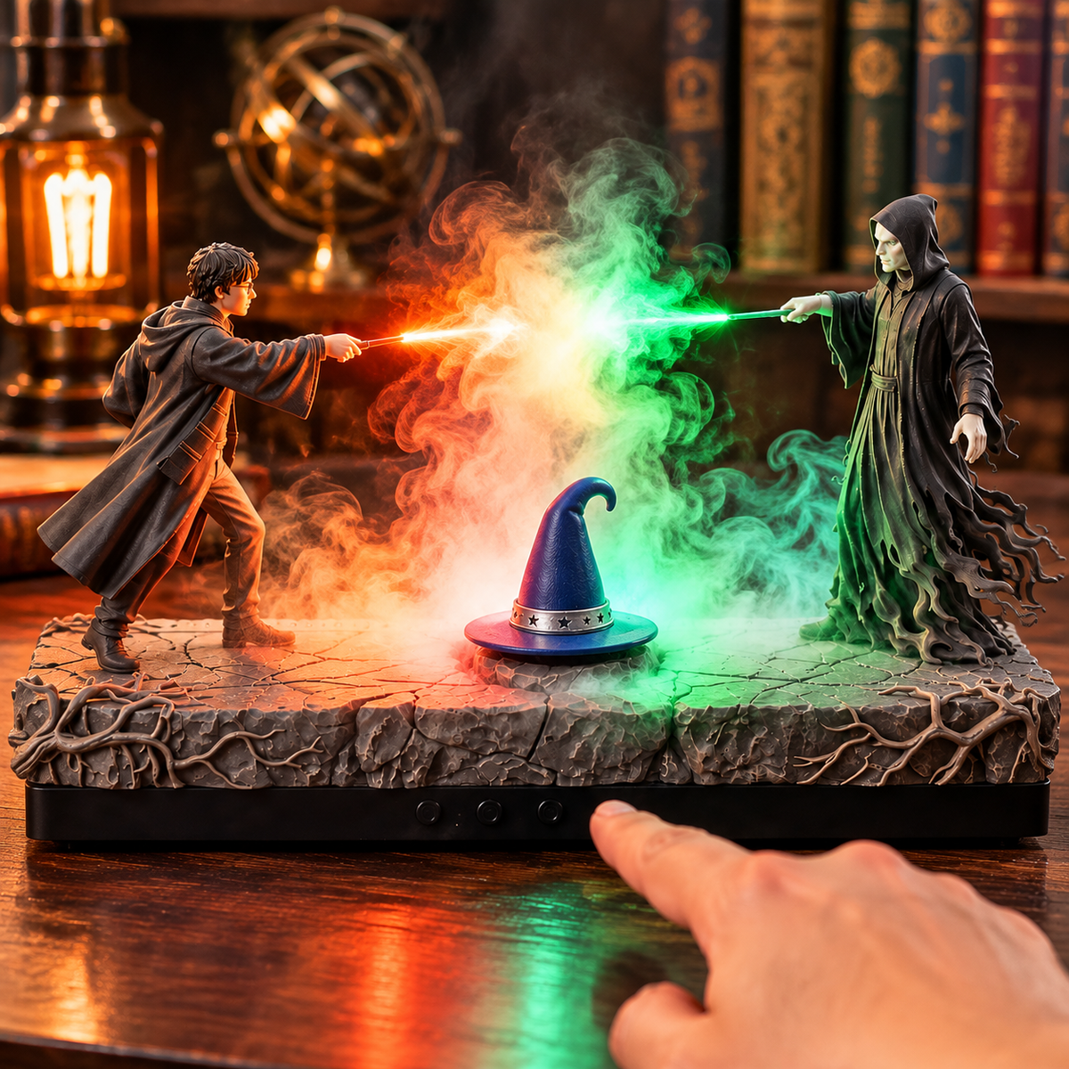 Orange and green fantasy duel lights shining through rising mist