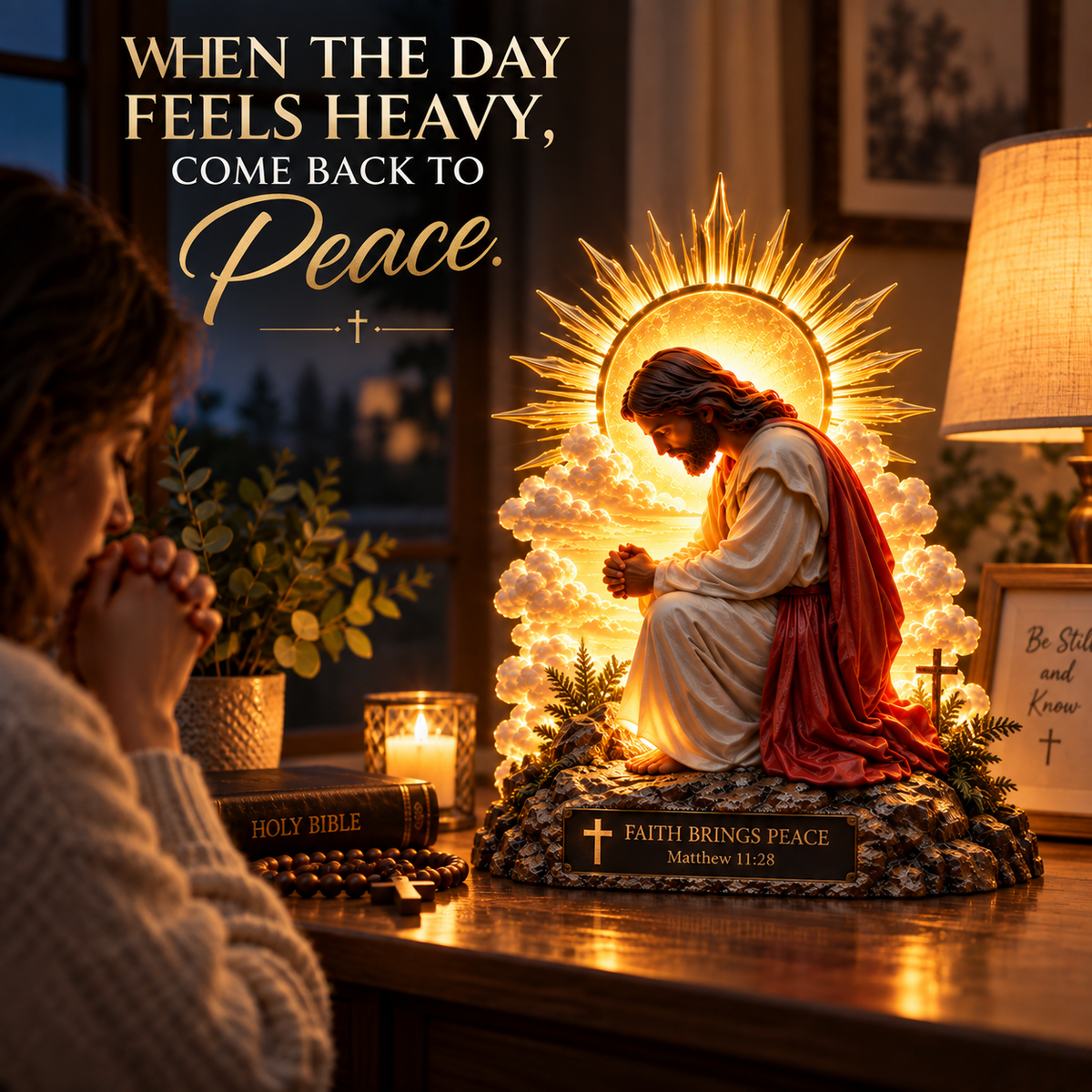 ✨🙏 Faith Brings Peace™ — Illuminated Praying Jesus Figurine