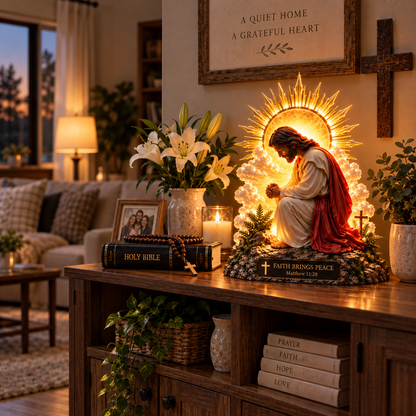 ✨🙏 Faith Brings Peace™ — Illuminated Praying Jesus Figurine