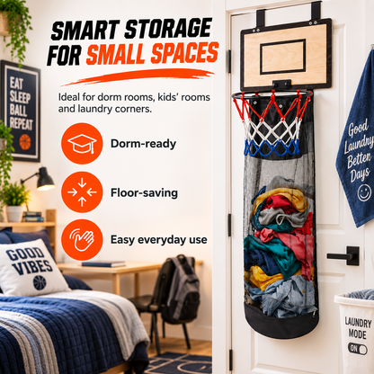 🏀Over-the-Door BasketballLaundry Hamper - Fun Space-Saving Clothes Basket