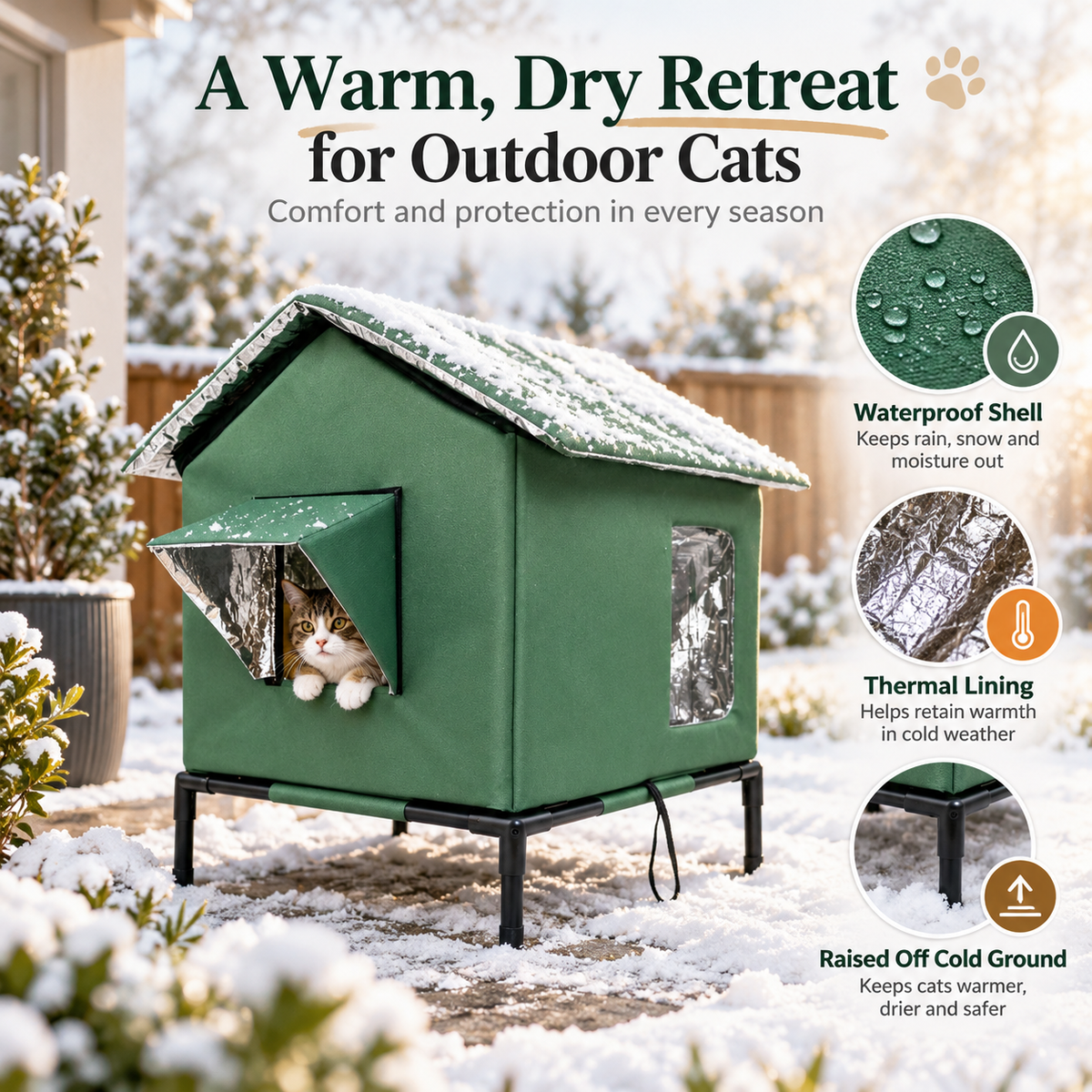 Elevated thermal outdoor cat house protecting a cat in snowy weather