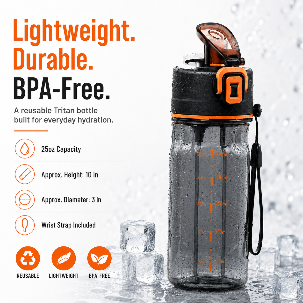Lightweight BPA free Tritan 25oz water bottle dimensions