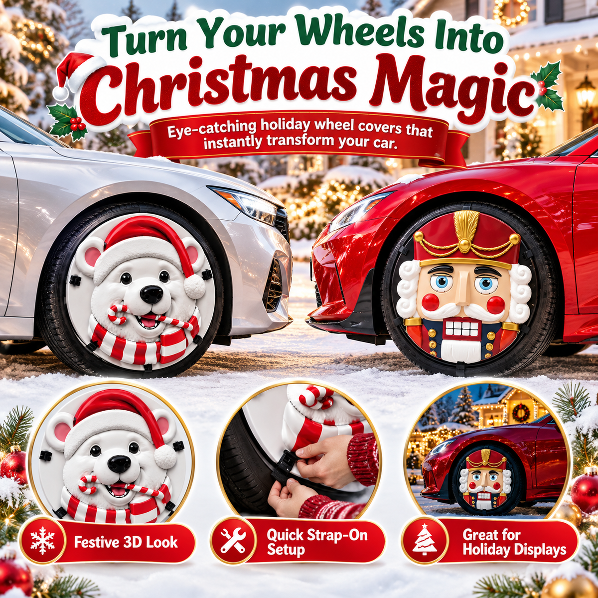 Polar Bear Santa and Nutcracker Christmas 3D wheel decorations