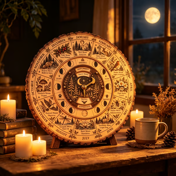 🌕 Handcrafted Wooden Moon Wheel — 12 Full Moon Names & Seasonal Nature Guide