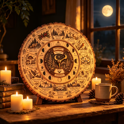 🌕 Handcrafted Wooden Moon Wheel — 12 Full Moon Names & Seasonal Nature Guide