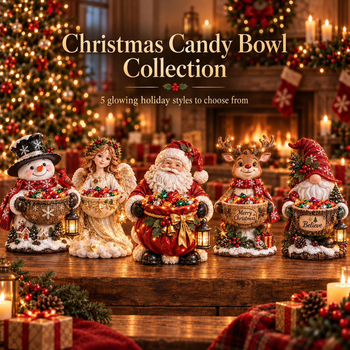 🎄 Lighted Christmas Candy Bowl – 5 Festive Character Styles