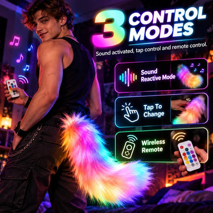 🎭 Light Up Plush Costume Tail | 3 Control Modes, Universal Clip-On for Conventions & Parties