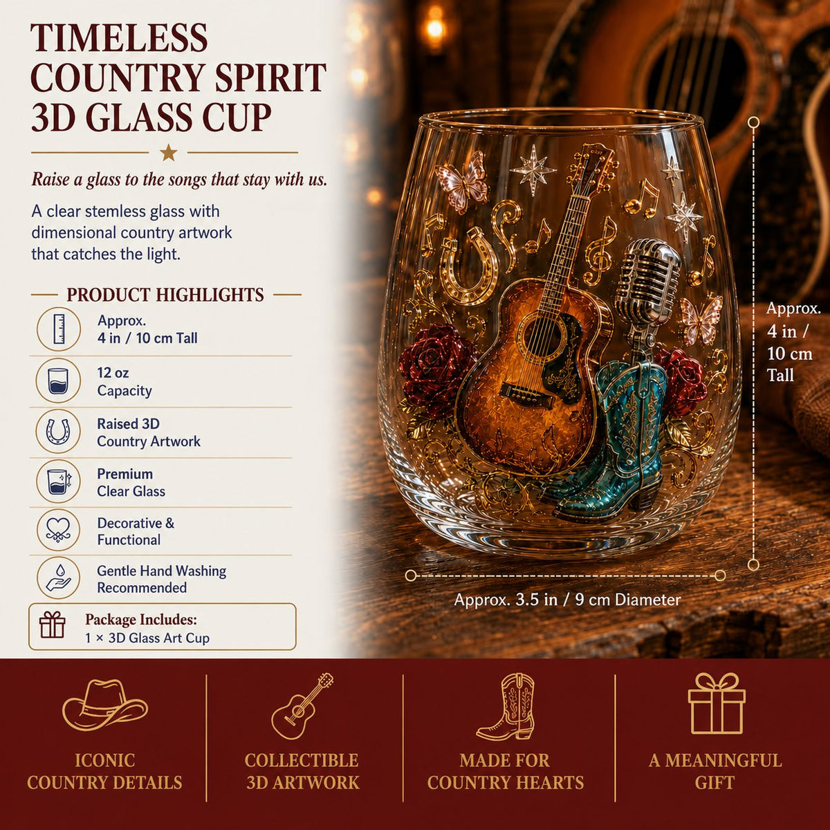 🤠 Queen of Country 1946–2026 3D Glass Collection | 8 Inspired Country Designs with Raised Guitars, Butterflies, Boots, Florals & Vintage Music Details 🎸✨