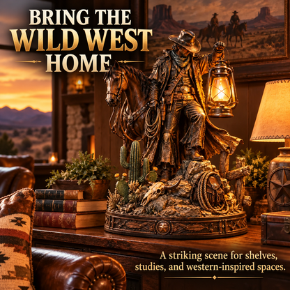 ✨Last Light of the Frontier – Western Rider & Horse Lantern Statue