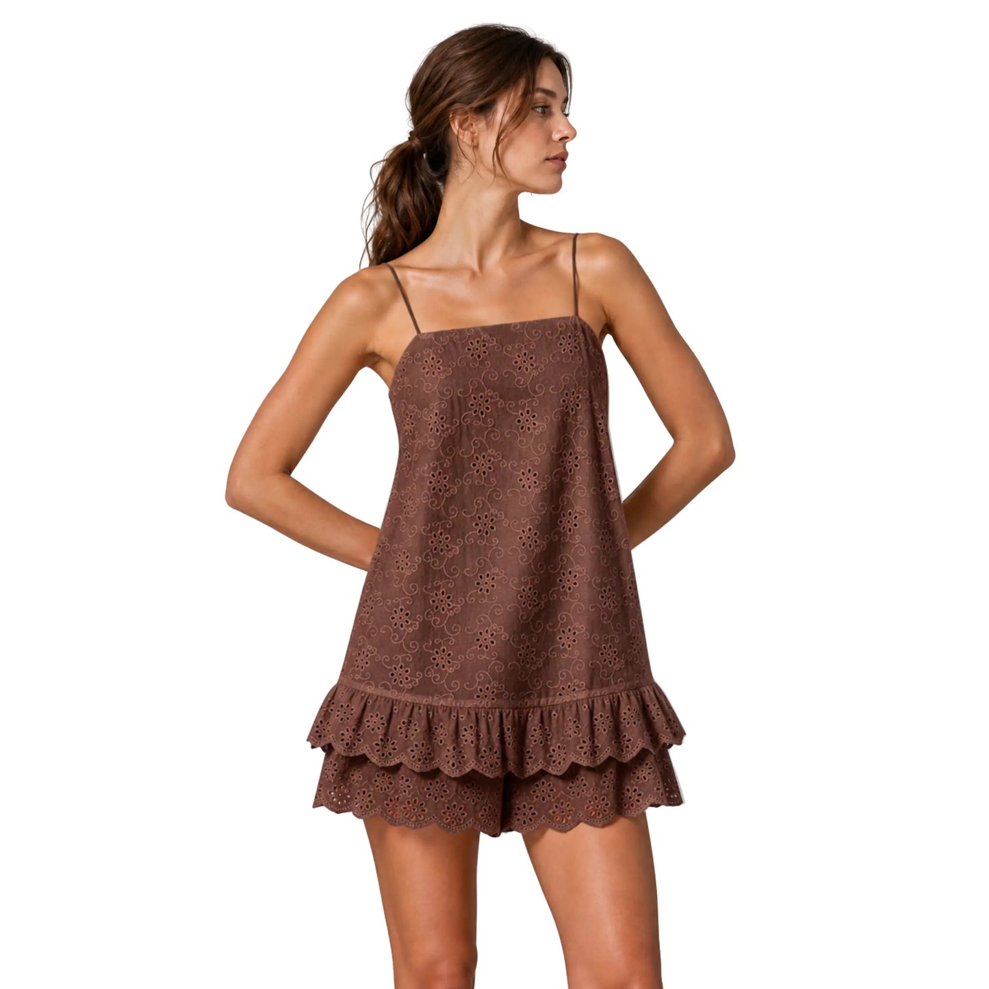 🌸 Eyelet Lace Romper Dress – Built-In Shorts Summer Mini