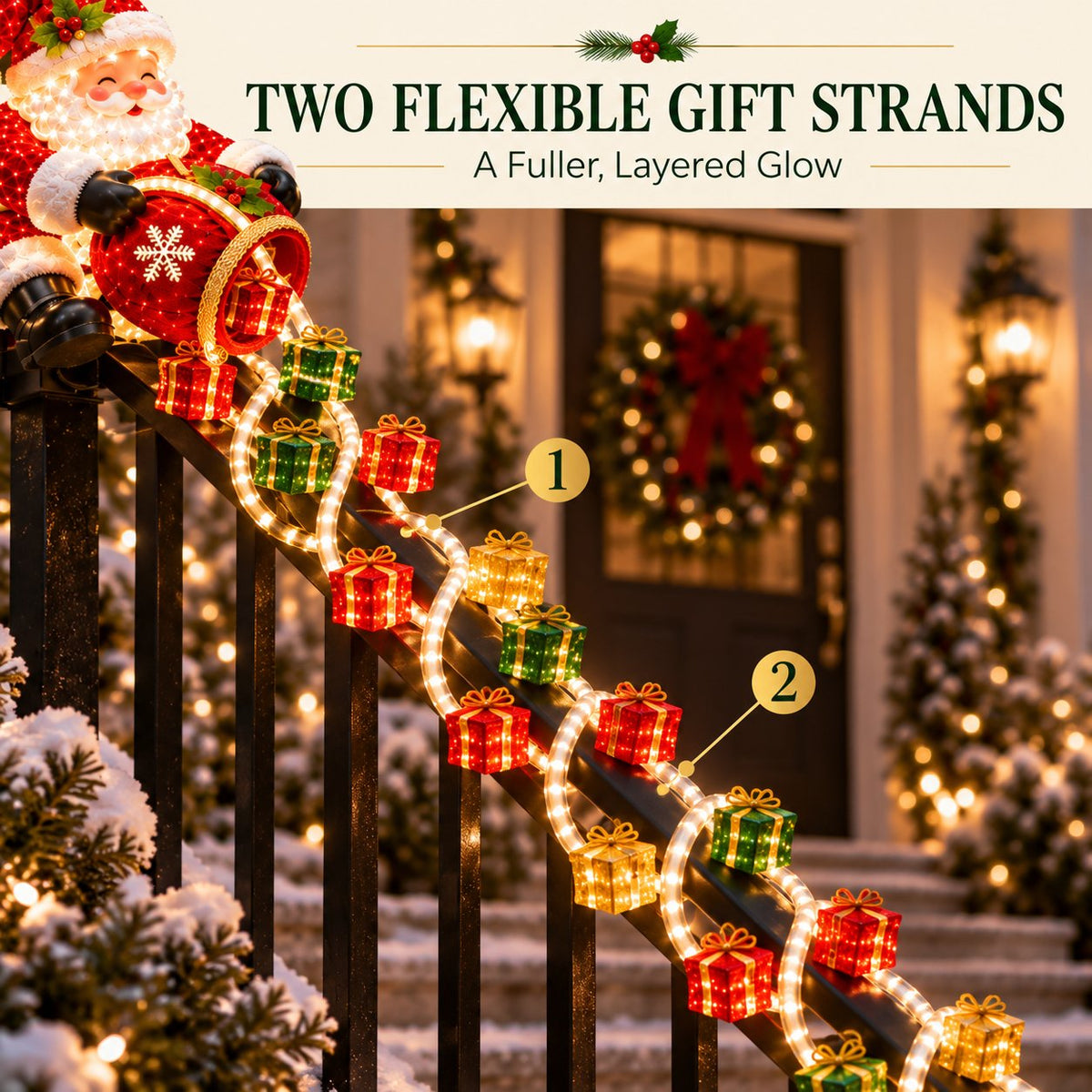 Two flexible illuminated gift strands wrapping around a Christmas railing