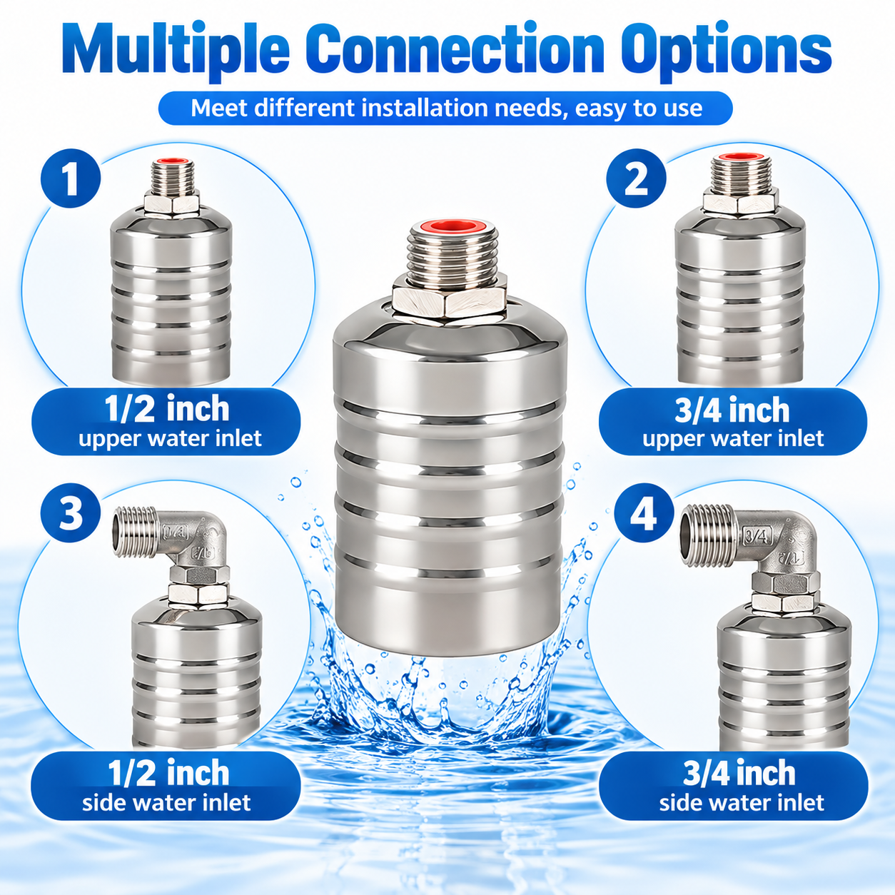 Four connection configurations for half inch and three quarter inch top and side water inlets