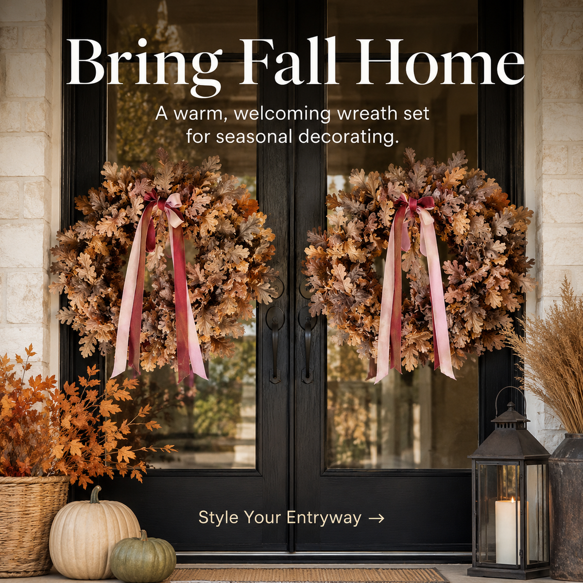 🍂 Set of 2 Autumn Leaf Wreaths With Ribbon – Matching Fall Door & Home Decor