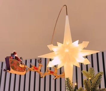 Lighted Christmas Tree Topper, Moravian LED Star with Bendable Metal Arm Santa Reindeer Sleigh Flying Ornament, Christmas Tree Top Holiday Decoration