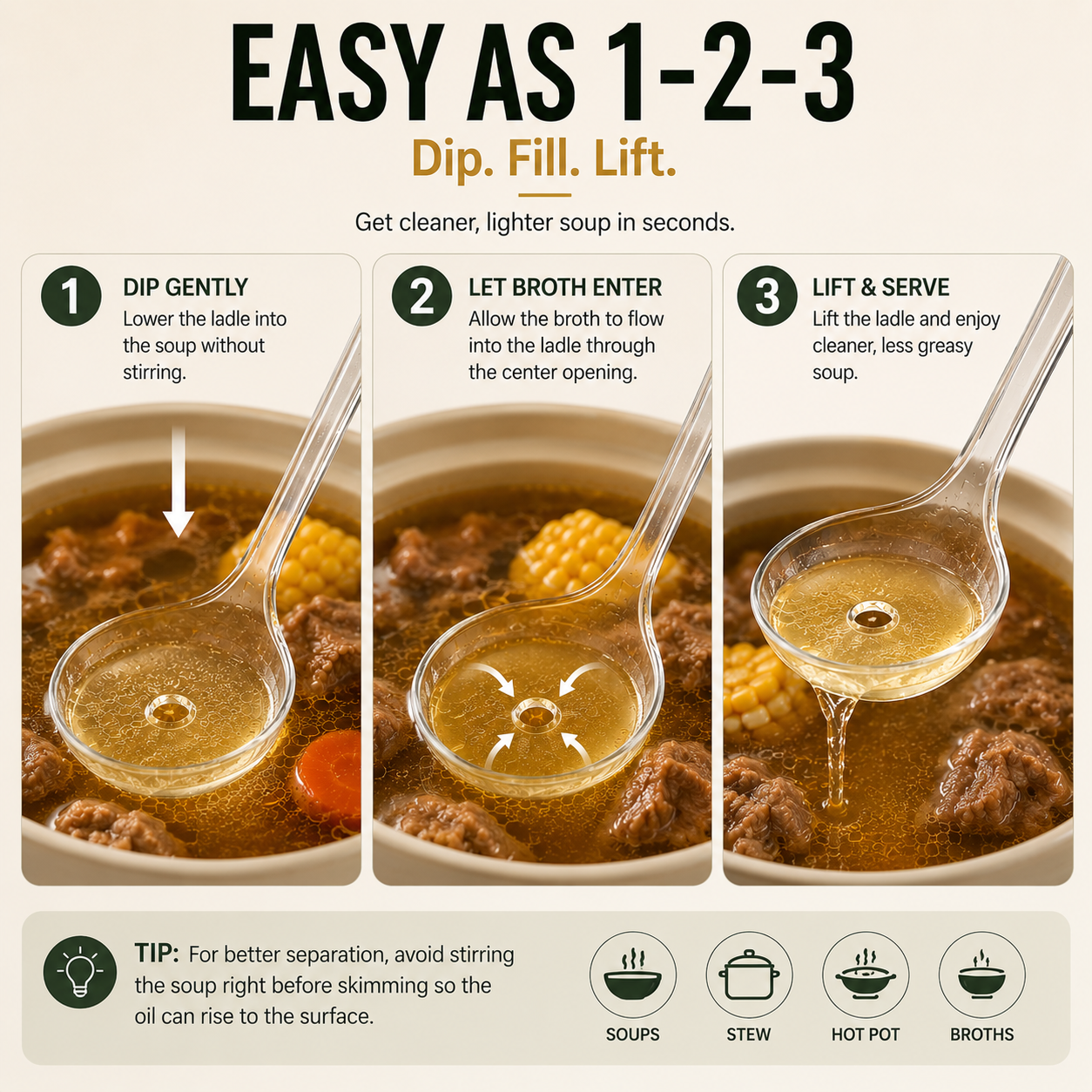 🥣 Fat Skimmer Ladle | Clear Oil Separator Spoon for Soup, Broth & Stew