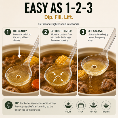 🥣 Fat Skimmer Ladle | Clear Oil Separator Spoon for Soup, Broth & Stew