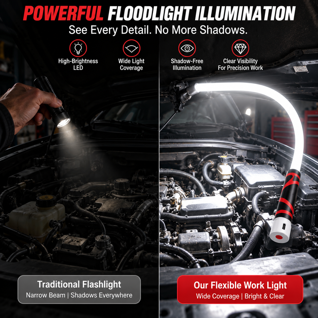 Wide illumination comparison inside car engine bay