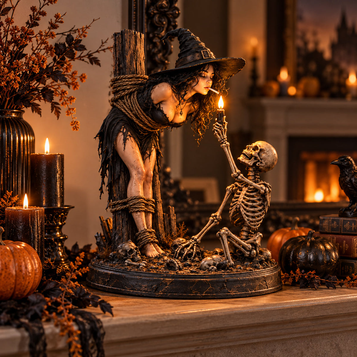 🔥 Witch & Skeleton Light-Up Halloween Figurine – Gothic Tabletop Décor
