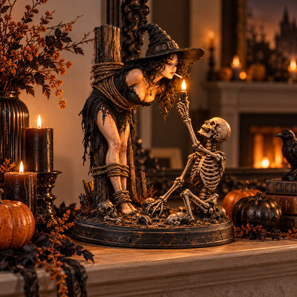 🔥 Witch & Skeleton Light-Up Halloween Figurine – Gothic Tabletop Décor