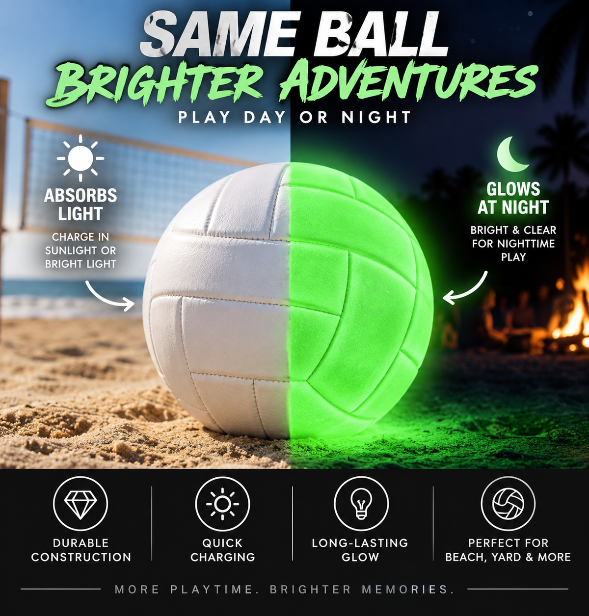 Glow volleyball day and night comparison