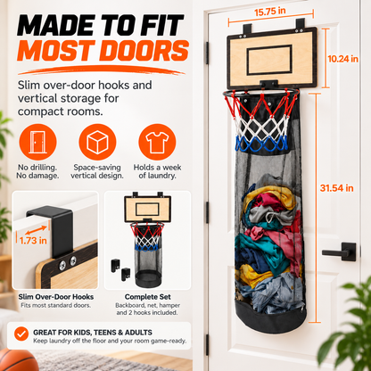🏀Over-the-Door BasketballLaundry Hamper - Fun Space-Saving Clothes Basket