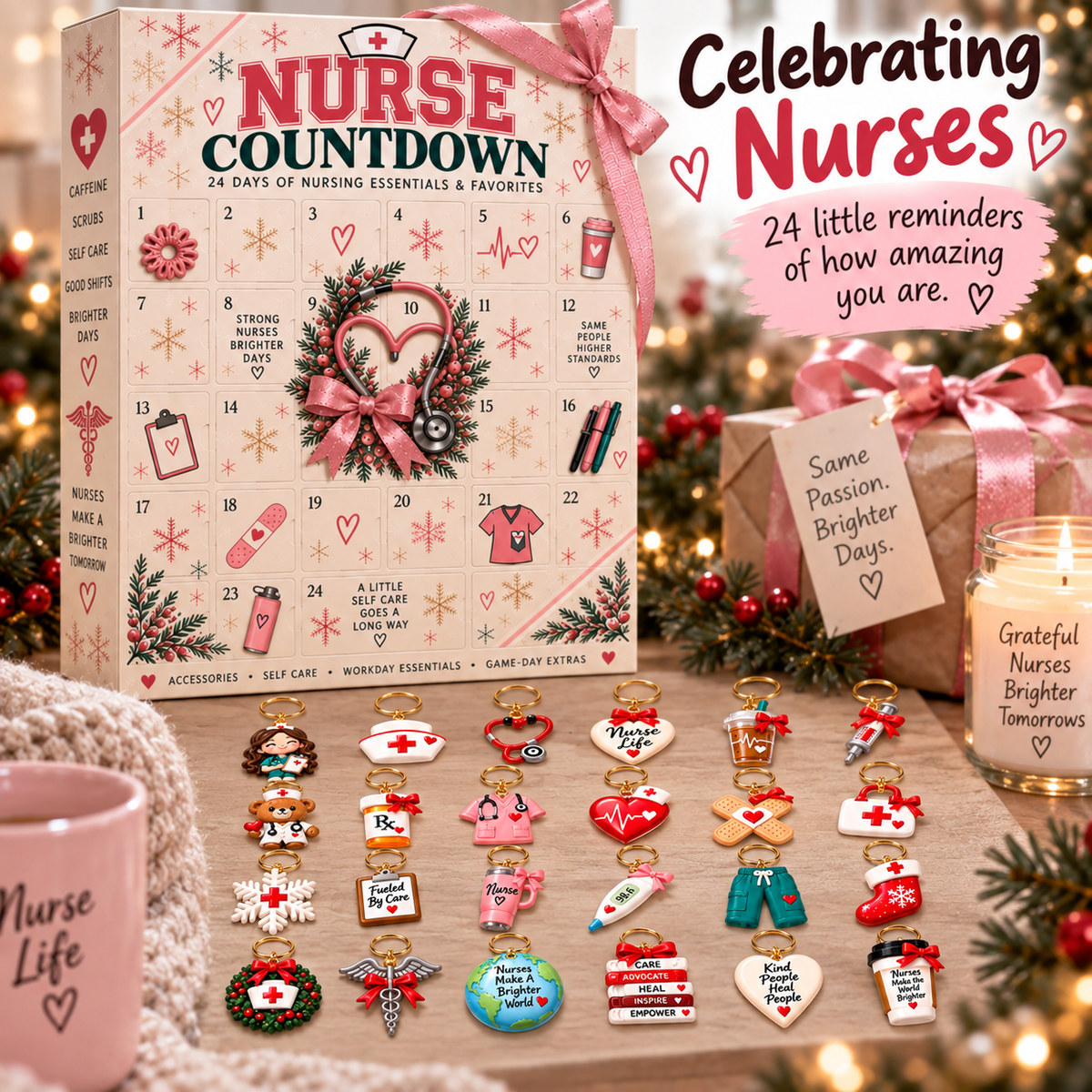 🎄 24-Day Nurse Appreciation Advent Calendar – 24 Nurse-Themed Keychains