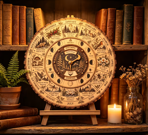 🌕 Handcrafted Wooden Moon Wheel — 12 Full Moon Names & Seasonal Nature Guide