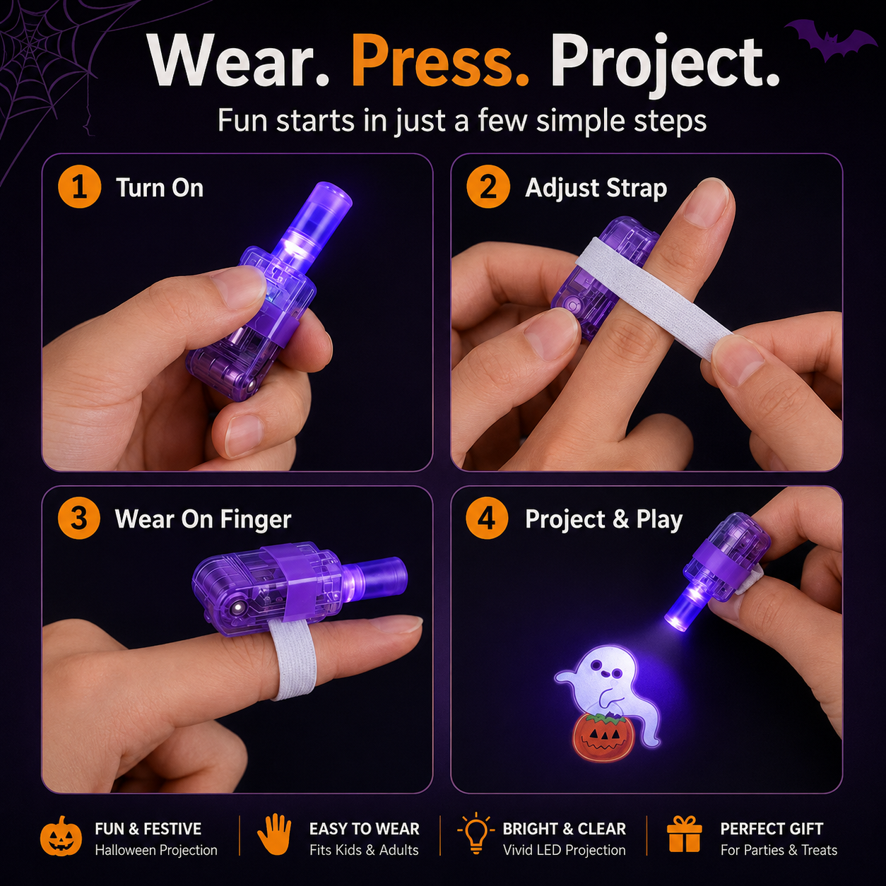 👻 🎃 Halloween Finger Projector Rings – LED Party Favors for Kids