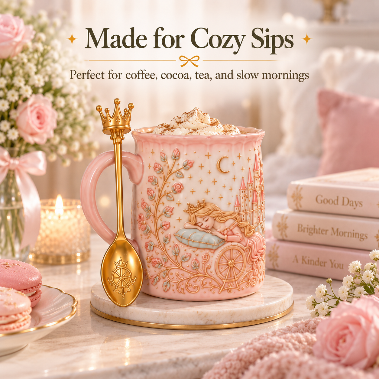✨ Enchanted Storybook Embossed Ceramic Mug – Matching Decorative Spoon & 5 Collectible Styles