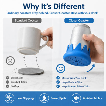 Closer Coaster: The Coaster That Follows Your Drink – Non-Slip, Reversible Silicone Coaster