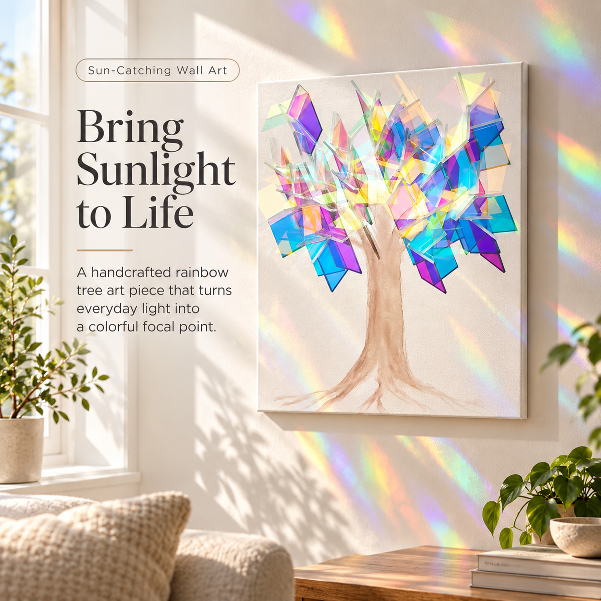 🌈 Prismatic Rainbow Tree Sun-Catcher Wall Art – Light-Responsive Iridescent Home Decor