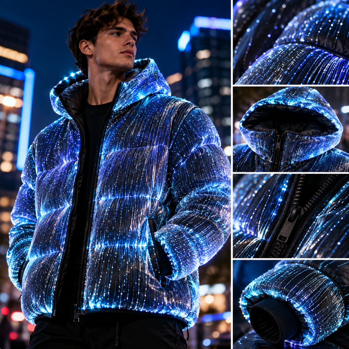 Close-up of jacket hood zipper cuffs and luminous surface