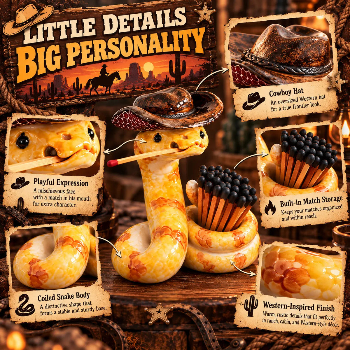 🤠 Funny Cowboy Rattlesnake Match Holder – Rustic Western Décor & Unique Gift