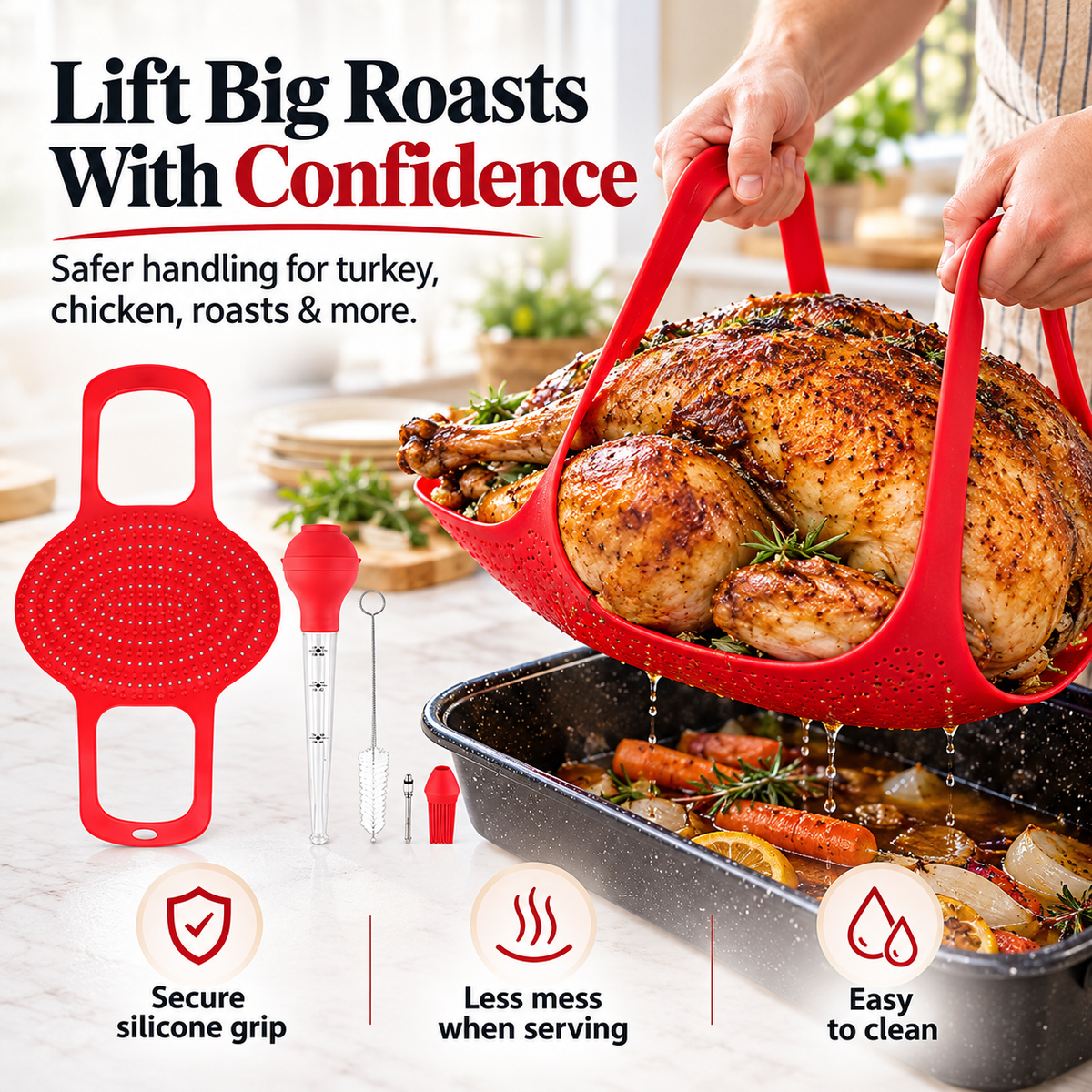 🔥🦃 BBQ & Thanksgiving Essential! 🍗 Heat-Resistant Silicone Turkey Roasting Sling 🍖✨ Easy-Lift Meat Lifter with Basting Tools 🧑‍🍳🍽️ Perfect for Turkey, Chicken & Holiday Roasts 🎄🎁