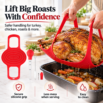 🔥🦃 BBQ & Thanksgiving Essential! 🍗 Heat-Resistant Silicone Turkey Roasting Sling 🍖✨ Easy-Lift Meat Lifter with Basting Tools 🧑‍🍳🍽️ Perfect for Turkey, Chicken & Holiday Roasts 🎄🎁
