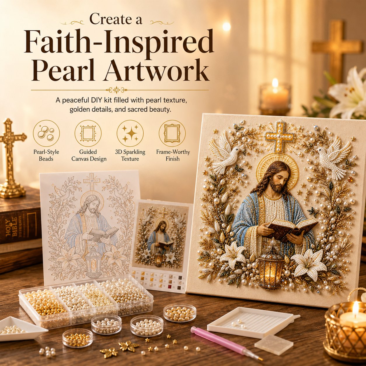 🔥Limited time 70% OFF -✝️ DIY Jesus Pearl Art Kit | 3D Pearl-Style Christian Artwork for Prayer Corners & Faith Gifts